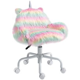 Homcom Fluffy Unicorn Vanity Office Chair with Rainbow Swivel Mid-Back Armrest and Nylon Casters Colorful