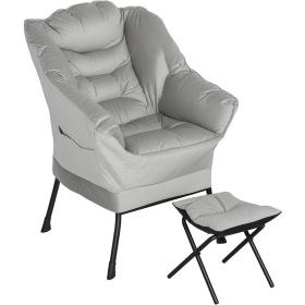 HOMCOM Lazy Chair and Ottoman Set, Fabric Upholstered Accent Chair with Side Pockets, for Living Room, Bedroom, Light Gray