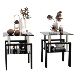 Set of 2, Modern Tempered Glass Tea Table Coffee Table End Table, Square Table for Living Room, Black