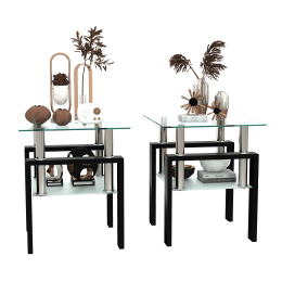 Set of 2, Modern Tempered Glass Tea Table Coffee Table End Table, Square Table for Living Room, Transparent/Black