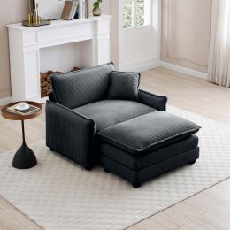 Single Deep Seat Sofa With Footstool With One Pillow, Suitable for Living Room and Bedroom, Club Multiple Occasions,Grey Corduroy