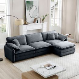 Oversize 3-seater sofa with One footrest, L-shaped Sectional sofa with ottoman for living rooms,Grey corduroy sofa