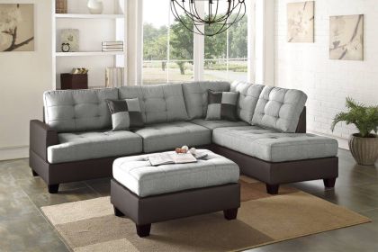 Contemporary Sectional Sofa Grey Polyfiber Linen Like Fabric Cushion Tufted Reversible 3pc Sectional Sofa L/R Chaise Ottoman Living Room Furnitur
