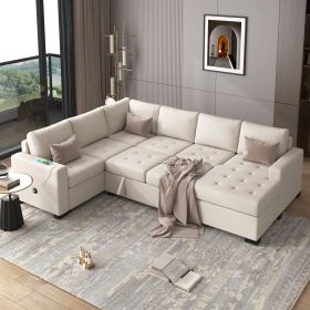 U_Style Sectional Sleeper Sofa with Pull-out Bed and Lounge Chair, USB and Type-C Interfaces, Suitable for Living Room, Office, and Spacious Spac
