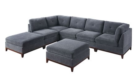 Ash Grey Chenille Fabric Modular Sectional 7pc Set Living Room Furniture U-Sectional Couch 2x Corner Wedge 3x Armless Chairs and 2x Ottomans Tuft