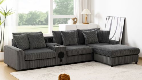 [New+Video]114*64'' Corduroy Sectional Sofa with Bluetooth Speakers,L Shaped Couch with Console,USB Charger,Cup Holders,Storage,Ottoman