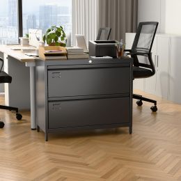 Lateral File Cabinet With 2 Drawer,Metal Wide Filing Cabinet With Lock And Business Card Slot For Home Office School Hanging Letter,Legal,F4,A4 S (Color: Black)