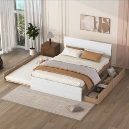 Modern Full Bed Frame With Twin Size Trundle And 2 Drawers For White High Gloss And Washed (Color: Brown)