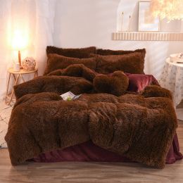 Luxury Thick Fleece Duvet Cover Queen King Winter Warm Bed Quilt Cover Pillowcase Fluffy Plush Shaggy Bedclothes Bedding Set Winter Body Keep War (Option: Coffee-1.5M)