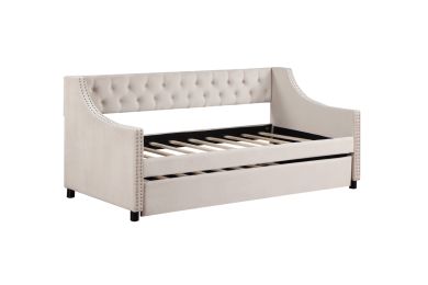 Daybed With Trundle Upholstered Tufted Sofa Bed, With Button And Copper Nail On Arms Full Size Beige (Color: Beige)