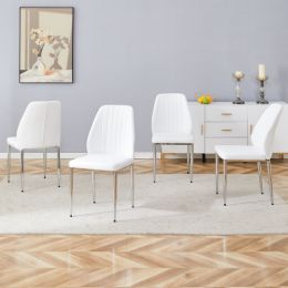 Set Of Four White PU Comfort Dining Chairs 17.7x25Dining Chair With Extended Backrest,WHITE PU,Silver Metal Legs,Suitable For Various Places Such (Color: White)