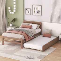 Modern Design Wooden Twin Size Platform Bed Frame With Trundle For Walnut Color (Color: Brown)