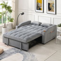 Modern Velvet Loveseat Futon Sofa Couch w/Pullout Bed,Small Love Seat Lounge Sofa with adjustable Reclining Backrest,Toss Pillows, Pockets (Color: Light Gray)