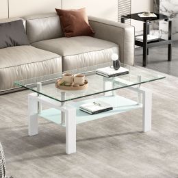 Tempered Clear Glass Coffee Table, 2-Layers Coffee Table Living Room Center Table (Color: as Pic)