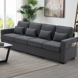 [VIDEO provided] [New] 104" 4-Seater Modern Linen Fabric Sofa with Armrest Pockets and 4 Pillows,Minimalist Style Couch for Living Room, Apartmen (Color: as Pic)