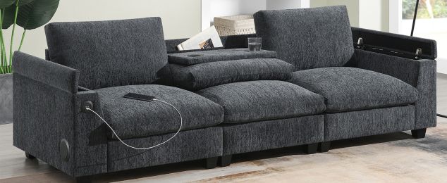 96*35''Chenille Sectional Sofa with Bluetooth Speaker,Comfy Cloud Couch Set with Drop Down Table,Cup Holders,USB Charger,Storage Armrest (Color: as Pic)