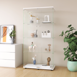 Wo-door Glass Display Cabinet 4 Shelves With Door, Floor Standing Curio Bookshelf For Living Room Bedroom Office, 64.7x31.7x14.3, White (Color: White)